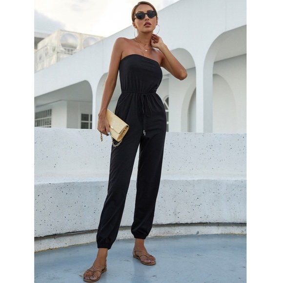 Strapless Tube Top Drawstring Black Jumpsuit - Picture 3 of 9